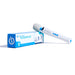 The Magic Wand Waterproof Rechargeable Cordless Vibrator, in white and blue with a rounded head, is shown beside its blue box labeled "magicwand WATERPROOF"—a versatile, powerful vibrator designed for cordless use.