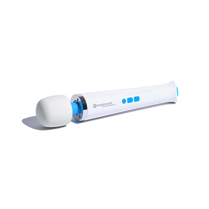 The Magic Wand Waterproof Rechargeable Cordless Vibrator, shown in white and blue with a rounded head, features control buttons on the handle for easy operation.