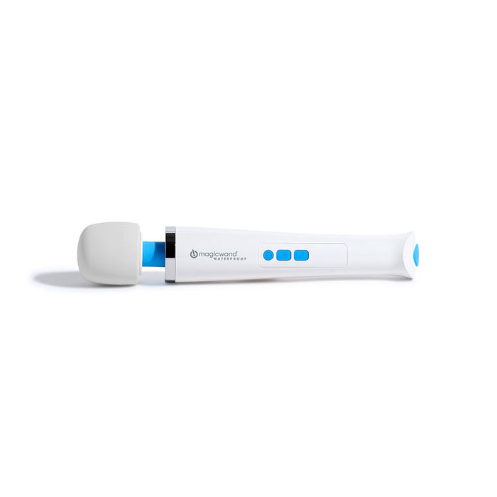 The Magic Wand Waterproof Rechargeable Cordless Vibrator, in white with a rounded head and blue buttons, lies horizontally on a plain white background.