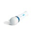 The Magic Wand Waterproof Rechargeable Cordless Vibrator, a white handheld massager with a rounded head, blue accents, and two blue buttons, is shown resting on a white surface.