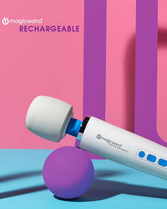 Magic Wand Unplugged Rechargeable Cordless Wand Vibrator with pink purple and blue background 