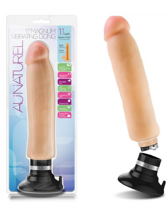 Magnum Dual Density 11 inch Vibrating Dildo - Vanilla next to package 