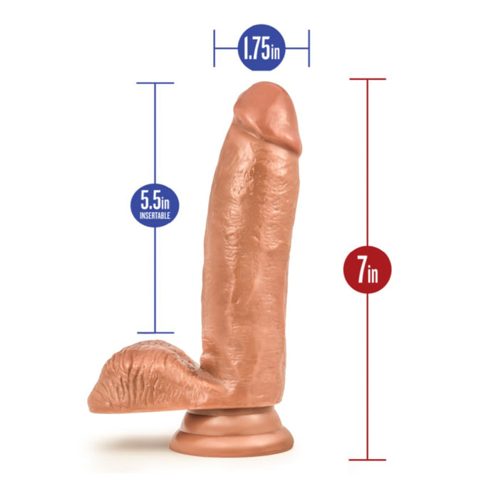 Manny the Fireman Realistic 6.75 Inch Medium Tone Dildo features a suction cup base, is harness compatible for versatile play, and has blue and red dimension lines with numbers to indicate size.