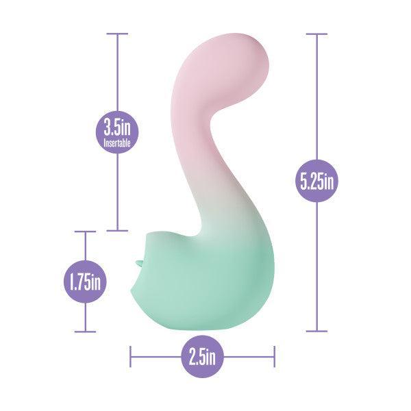 The Melody Double Ended Licking Tongue & G-Spot Vibrator is a pastel pink and mint green massager, made of body-safe silicone, with a total length of 5.25", 3.5" insertable length, 1.75" base height, and a 2.5" wide base.