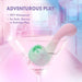 The Melody Double Ended Licking Tongue & G-Spot Vibrator, made from body-safe silicone, rests in a martini glass of water. “ADVENTUROUS PLAY” appears above with “IPX7 Waterproof” and “For Bath, Shower, or Bedroom Play.” Softly blurred background.