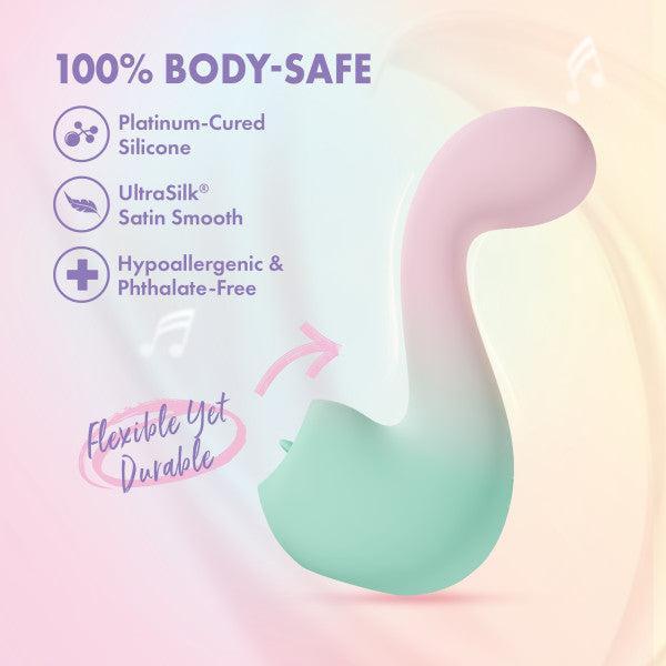 The Melody Double Ended Licking Tongue & G-Spot Vibrator features a pastel curved design and is 100% body-safe, made from platinum-cured UltraSilk silicone. It's hypoallergenic, phthalate-free, flexible, and durable.