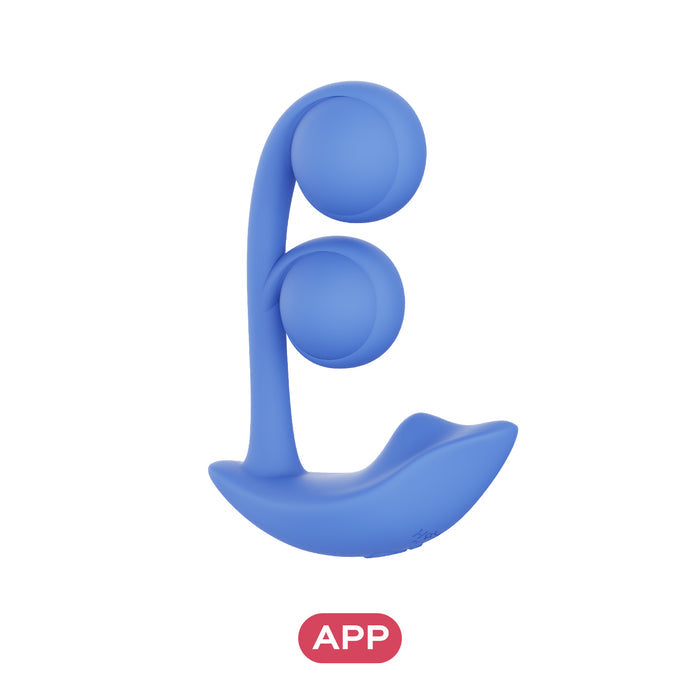 The Melody Pressure Sensing App-Controlled Wearable Vibrator is a blue silicone pelvic floor trainer with two rounded beads, a curved stem, and contoured base for intimate use. "APP" highlights its app-controlled vibration feature.