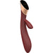 The Metis Touch Panel Rabbit Vibrator is maroon and gold with a sleek, ergonomic design, featuring a curved shape, smooth handle, and a smaller external arm for dual stimulation.