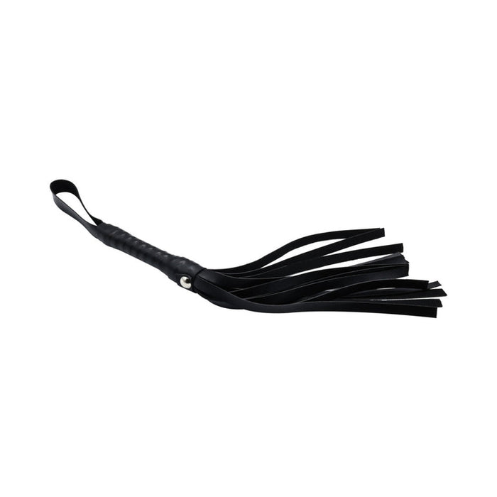 The Midnight Moods 10 Piece Beginner Bondage Kit features a black leather flogger with a textured handle, wrist strap, and multiple flat tails, shown on a white background—an ideal addition to any bondage set.