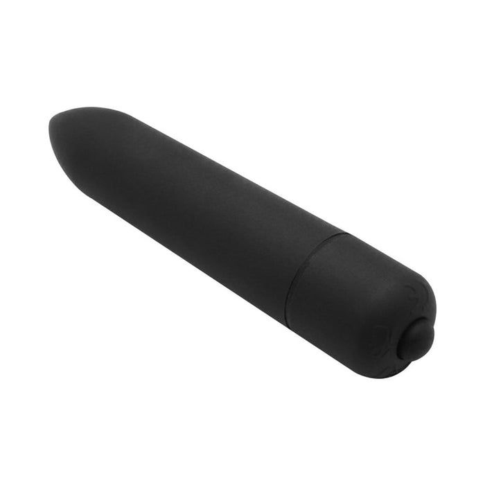 The Midnight Moods 10 Piece Beginner Bondage Kit includes a small, black bullet vibrator with a rounded tip and push button—great for solo play or enhancing your bondage experience.