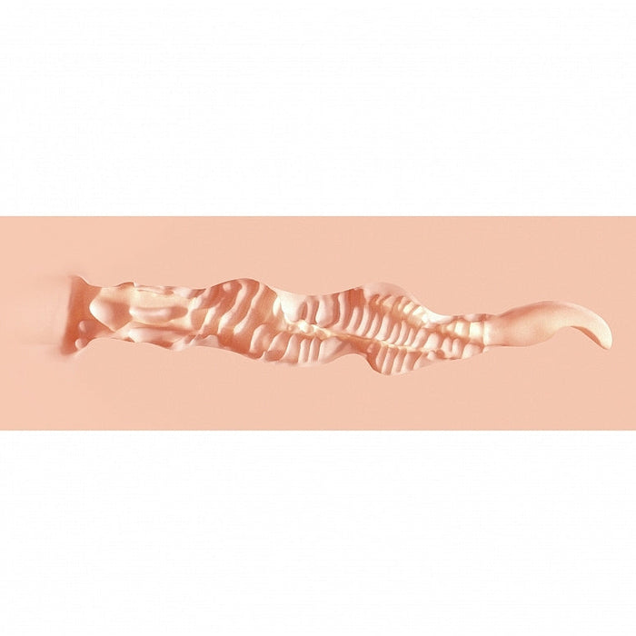 The Molly Blowtide Pinup Fantasy Pocket Pussy features a long, wavy, textured sleeve in a flesh-colored tone with ridges and curves, displayed horizontally against a pale pink background.