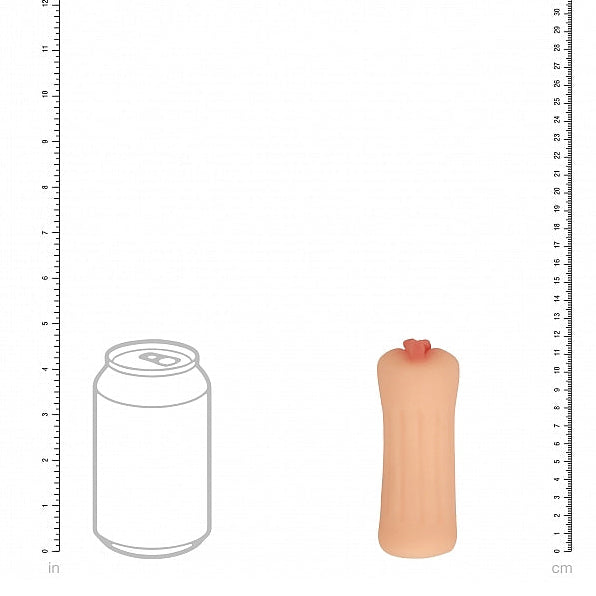 A comparison chart displays a soda can beside the beige, cylindrical Molly Blowtide Pinup Fantasy Pocket Pussy with a red top opening, both placed between rulers marked in inches and centimeters.