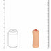 A comparison chart displays a soda can beside the beige, cylindrical Molly Blowtide Pinup Fantasy Pocket Pussy with a red top opening, both placed between rulers marked in inches and centimeters.