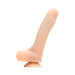 The Money Shot 8 Inch Vibrating Squirting Silicone Strap-on Dildo is a realistic, flesh-colored toy with dual-density silicone, detailed veins, a pronounced head, and a suction cup base, shown on a plain white background.