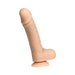 The Money Shot 8 Inch Vibrating Squirting Silicone Strap-on Dildo, featuring dual-density silicone and a suction cup base, stands upright against a plain white background.