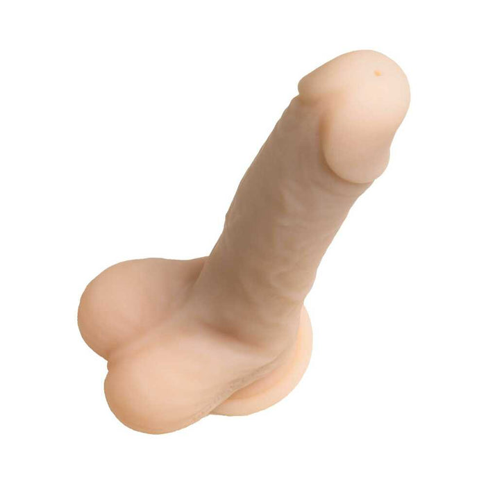 A close-up of the Money Shot 8 Inch Vibrating Squirting Silicone Strap-on Dildo.