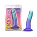 The Morning Dew Slim Small 5 Inch Blue Dildo with Suction Cup is shown beside its detailed packaging with a gradient background, making it an ideal beginner toy for exploring new sensations.