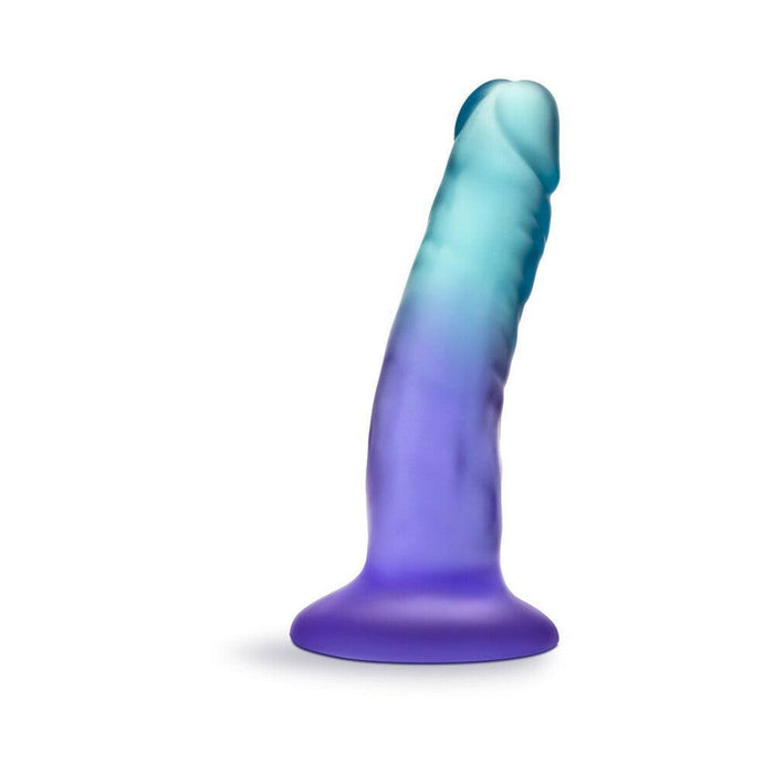 The Morning Dew Slim Small 5 Inch Blue Dildo with Suction Cup stands upright on a flat base, featuring a gradient that shifts from light blue at the tip to purple at the base, shown against a white background.