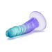 The Morning Dew Slim Small 5 Inch Blue Dildo with Suction Cup is a beginner-friendly silicone dildo featuring a teal-to-purple gradient, pronounced head, veined texture, and sturdy suction base for versatile play.