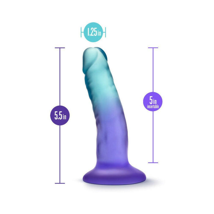 The Morning Dew Slim Small 5 Inch Blue Dildo with Suction Cup features a gradient blue and purple design, flared base, and measures 5.5 inches long, 5 inches insertable, and 1.25 inches wide—ideal for beginners.