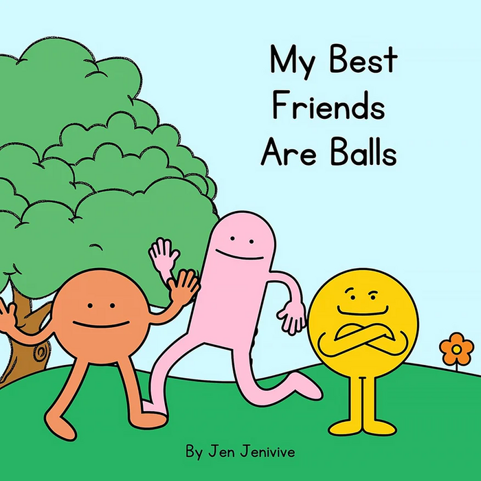 Cartoon cover shows three smiling, round characters—orange, pink, and yellow—standing by a tree. The title is "My Best Friends Are Balls: Adult Humor Book by Jen Jenivive," a playful novelty gift.