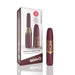 A burgundy and gold rechargeable massager sits next to its box labeled "My Secret Screaming O Premium Lipstick Vibrator," featuring product details and a two-year warranty seal on the discreet packaging.