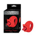 Beside its sleek packaging, labeled "My Secret Vibrating Tongue with Finger Loop," sits a red vibrating tongue ring. Designed for personal use, it features an ergonomic ring handle for a comfortable grip while using this innovative licking tongue vibrator.