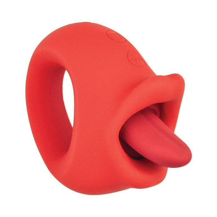 The My Secret Vibrating Tongue with Finger Loop is a red, silicone, ring-shaped device featuring an ergonomic finger loop and a protruding tongue for convenience. Its sleek circular design is USB rechargeable for easy power-ups on the go.