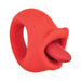 The My Secret Vibrating Tongue with Finger Loop is a red, silicone, ring-shaped device featuring an ergonomic finger loop and a protruding tongue for convenience. Its sleek circular design is USB rechargeable for easy power-ups on the go.