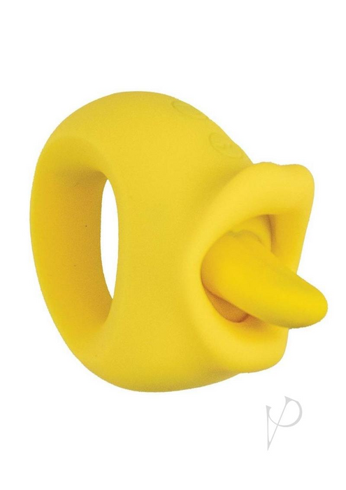 The My Secret Vibrating Tongue with Finger Loop in yellow is a smooth, flexible silicone clitoral vibrator featuring a minimalist, modern design with a ring-shaped loop and a protruding tongue-like tip.