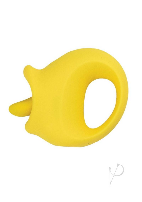 The My Secret Vibrating Tongue with Finger Loop in yellow—a small silicone ring-shaped toy with a protruding nub—sits against a white background.