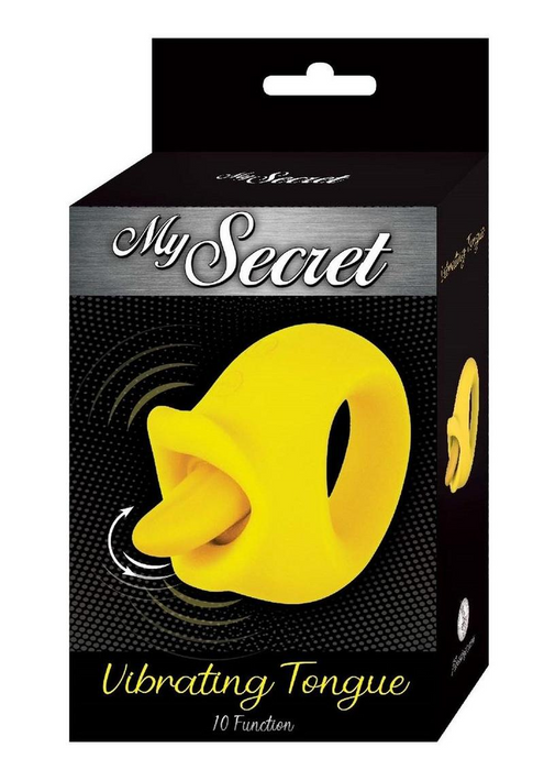 A black and silver box shows the "My Secret Vibrating Tongue with Finger Loop - Yellow," featuring a bright yellow silicone vibrator with a finger loop, waterproof design, and motion lines to highlight its vibrating function.