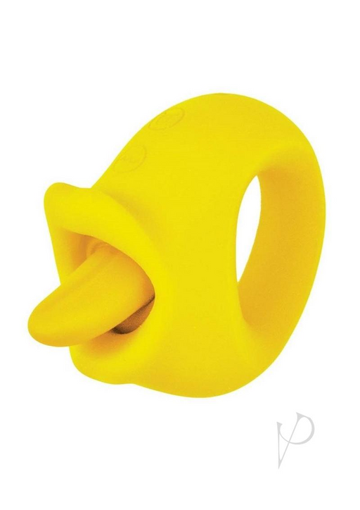 The My Secret Vibrating Tongue with Finger Loop - Yellow is a silicone clitoral vibrator featuring an open circular design and a tongue-shaped extension, shown here against a white background.