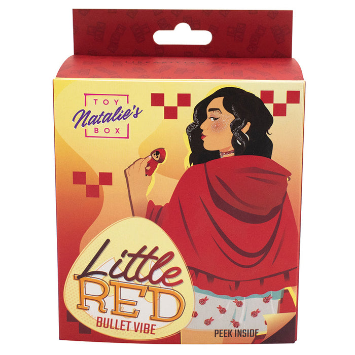 Packaging for "Little Red Discreet Powerful Bullet Vibrator" from Toy Natalie's Box features an illustrated dark-haired woman in a red cape holding a discreet vibe, set against a red and gold patterned background for a stylish look.