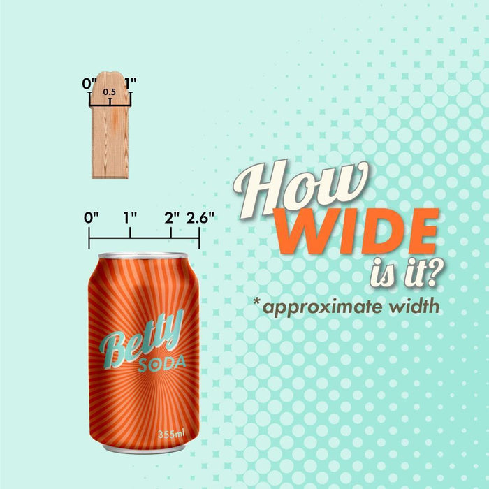 A graphic compares a wooden plank (0.5") to the Naturally Yours Small Realistic 4 Inch Pink Mini Dildo (2.6"). Text reads, “How wide is it? *approximate width,” with "Betty Soda" shown on the can.