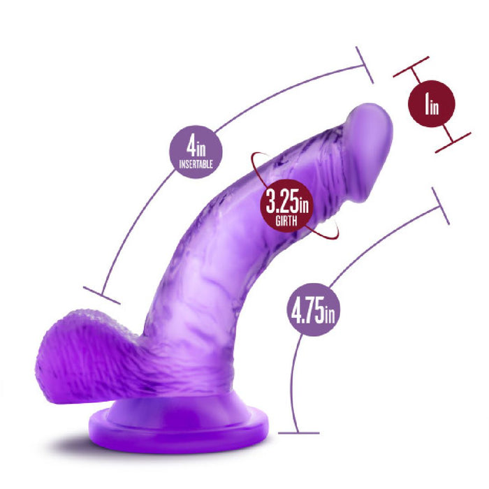 The Naturally Yours Small Realistic 4 Inch Purple Mini Dildo features a suction base, 4-inch insertable length, 3.25-inch girth, 1-inch tip diameter, and a total curved length of 4.75 inches—great for beginners as a strap-on or suction cup toy.