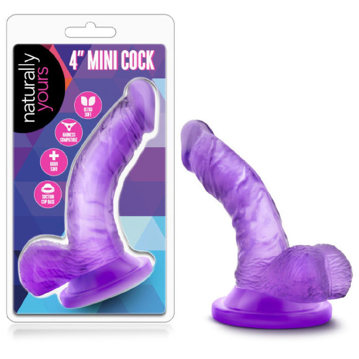 A purple, realistic 4-inch suction cup dildo, Naturally Yours Small Realistic 4 Inch Purple Mini Dildo, is shown outside its packaging with product features on a geometric background—ideal as a beginner strap-on.