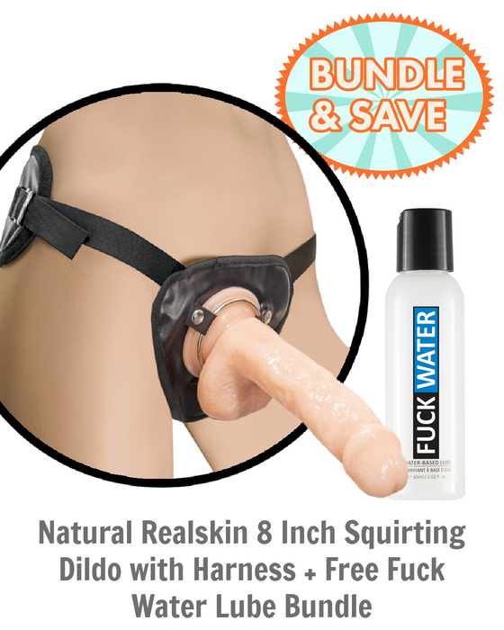 Natural Realskin 8" Squirting Dildo with Harness + Free Fuck Water Lube Bundle