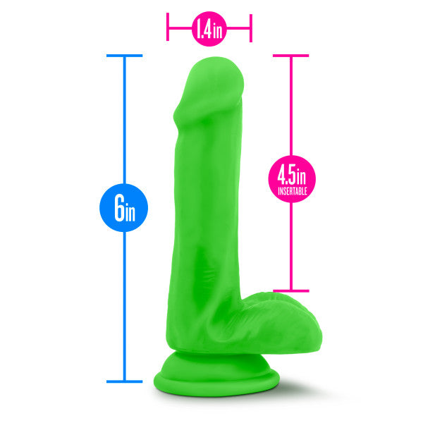 The Neo Elite Beginner 6 Inch Dual Density Dildo Green Silicone Dildo with Balls stands upright, featuring a bright green color, suction base, and measurements in pink and blue text: 6" tall, 1.4" wide, 4.5" insertable.