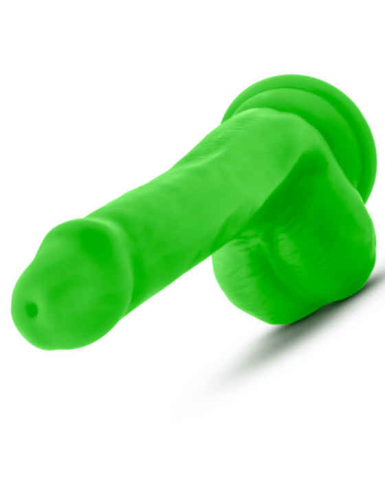 The Neo Elite Beginner 6 Inch Dual Density Dildo is a green silicone dildo with balls, featuring a realistic shape with veins. It’s designed for beginners and shown against a white background.