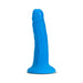 The Neo Elite Slim Beginner 6 Inch Dual Density Blue Silicone Dildo features a realistic shape with a rounded tip, veined texture, and stands upright on its flared base against a white background.
