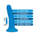 The Neo Elite Slim Beginner 6 Inch Dual Density Blue Silicone Dildo is displayed with icons showing ultrasilk silicone, a soft realistic feel, suction cup base, harness compatibility, and phthalate-, fragrance-, and paraffin-free body safety.
