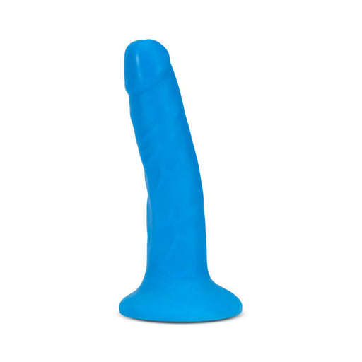 The Neo Elite Slim Beginner 6 Inch Dual Density Blue Silicone Dildo, featuring a realistic shape and flared base, stands upright on a plain white background.