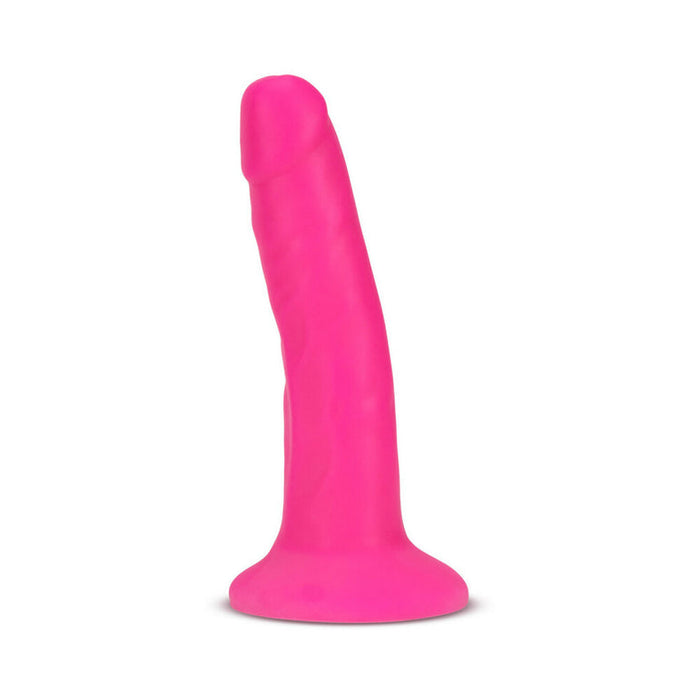 The Neo Elite Slim Fit 6 Inch Dual Density Pink Silicone Dildo stands upright against a white background, featuring a realistic shape and flared suction cup base in bright pink.