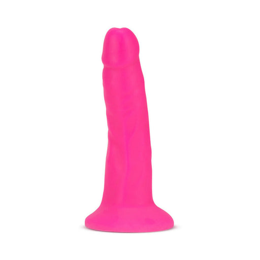 The Neo Elite Slim Fit 6 Inch Dual Density Pink Silicone Dildo, featuring a textured shaft and flared base, stands upright against a white background.