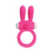 The Neon Rabbit Beginner-Friendly Stretchy Vibrating Cock Ring for Couples is a pink silicone ring with ear-like extensions, textured center, and white side accents, designed for couples. It is waterproof and set against a plain white background.