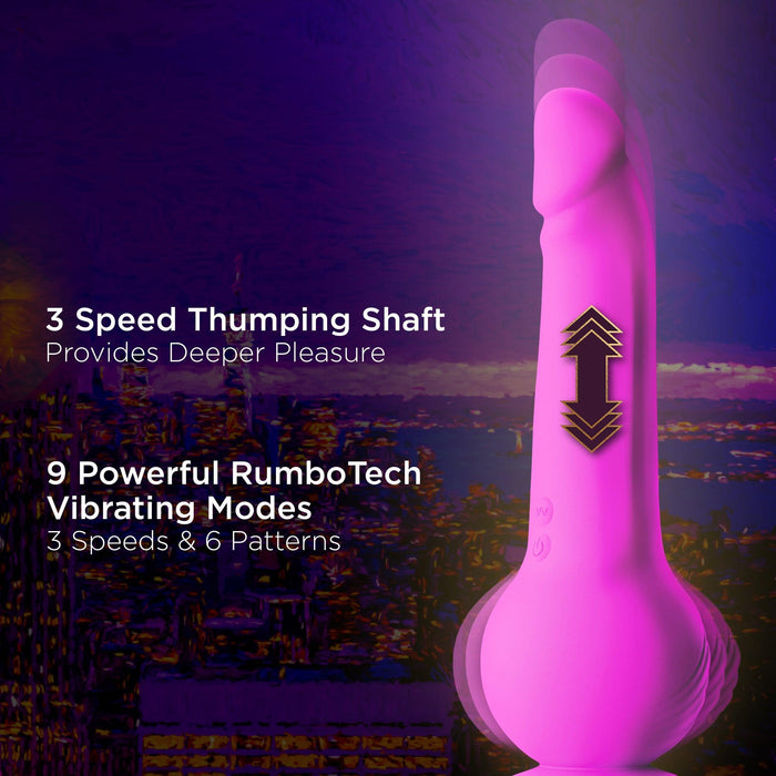 The New York Gyro Quake Huge Thrusting 9.75 Inch Purple Silicone Dildo stands upright against a purple background, showcasing its 3-speed thrusting shaft, 9 vibration modes, and secure suction cup base for hands-free pleasure.