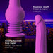 The New York Gyro Quake Huge Thrusting 9.75 Inch Purple Silicone Dildo features a realistic shaft with textured ridges, premium silicone construction for comfort, and a strong suction cup base for hands-free pleasure—shown against a cityscape backdrop.