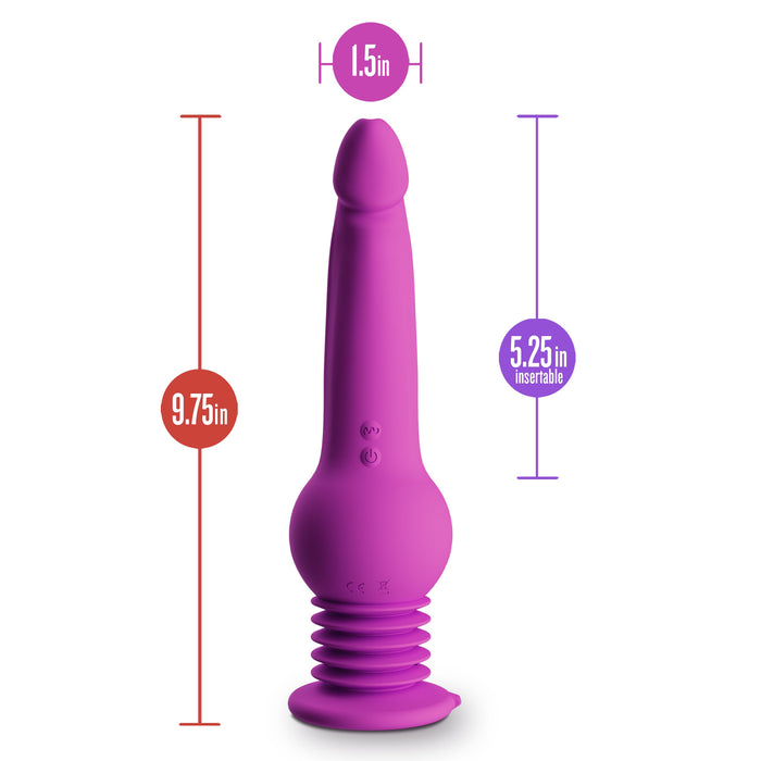 The New York Gyro Quake Huge Thrusting 9.75 Inch Purple Silicone Dildo features a suction cup base, vibrating modes, button controls, is 9.75" total length, 5.25" insertable, and 1.5" wide at the tip.