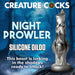 A metallic gray 10" werewolf dildo with knot, the Night Prowler Long Thick, appears against a misty forest. Text: "CREATURE COCKS: NIGHT PROWLER – STRAP-ON COMPATIBLE SILICONE DILDO. This beast lurks in the shadows, ready to attack!.